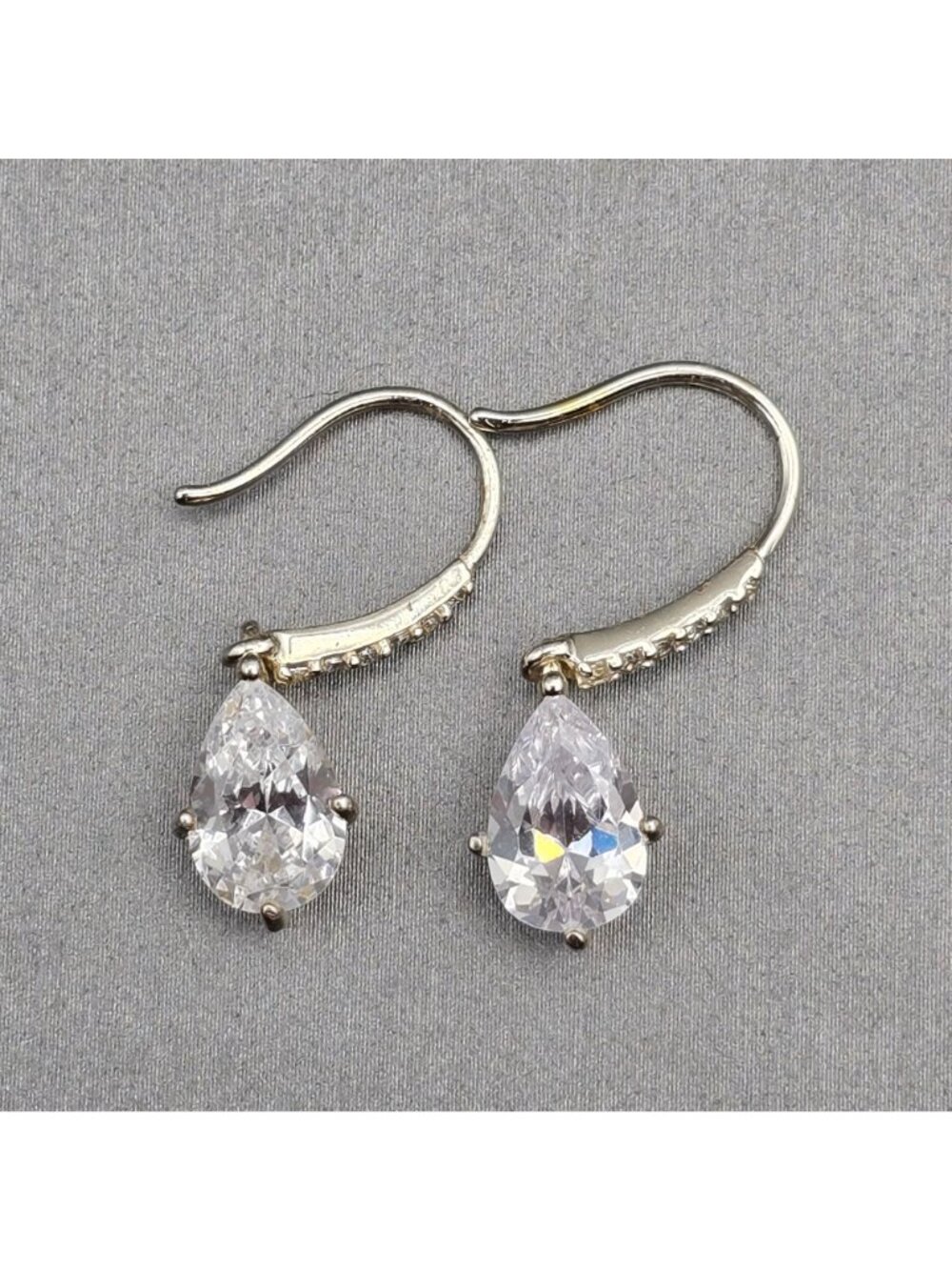 Sterling Silver Pear Cut Cubic Zirconia Dangle Earrings 1" Pave Teardrop Jewelry - Picture 3 of 10